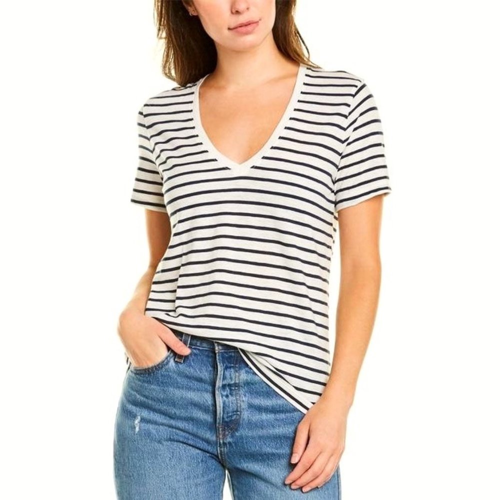 Madewell Whisper White And Blue Stripe V-Neck T-Shirt